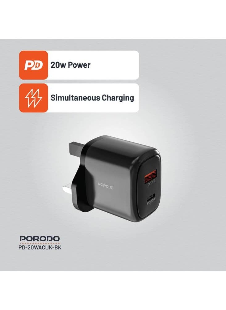 بورودو - شاحن 20W+QC USB A+C المملكة المتحدة/شحن فعال/شحن متزامن/شحن متزامن/توافق عالمي - أسود - Image 1