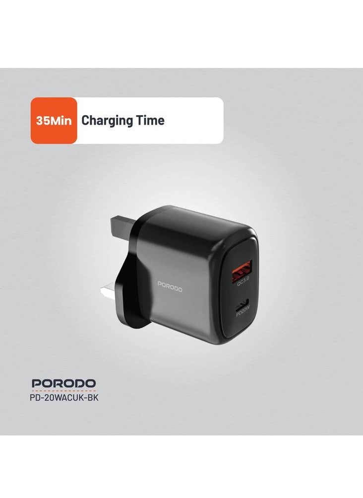 بورودو - شاحن 20W+QC USB A+C المملكة المتحدة/شحن فعال/شحن متزامن/شحن متزامن/توافق عالمي - أسود - Image 1