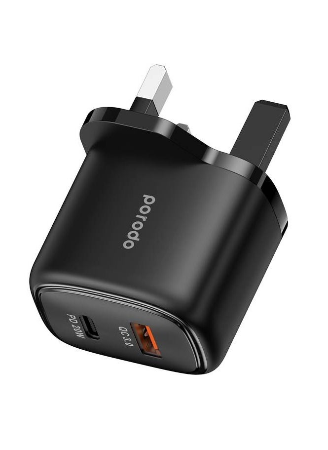 بورودو - شاحن 20W+QC USB A+C المملكة المتحدة/شحن فعال/شحن متزامن/شحن متزامن/توافق عالمي - أسود - Image 1