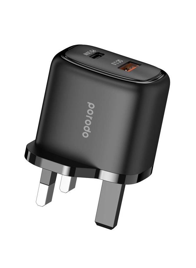 بورودو - شاحن 20W+QC USB A+C المملكة المتحدة/شحن فعال/شحن متزامن/شحن متزامن/توافق عالمي - أسود - Image 1