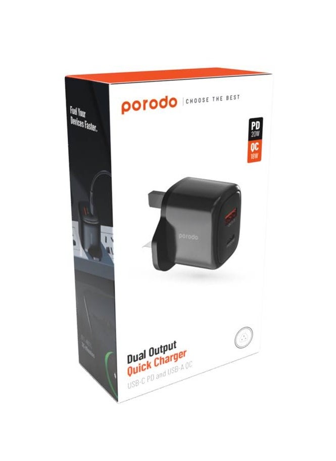 بورودو - شاحن 20W+QC USB A+C المملكة المتحدة/شحن فعال/شحن متزامن/شحن متزامن/توافق عالمي - أسود - Image 1