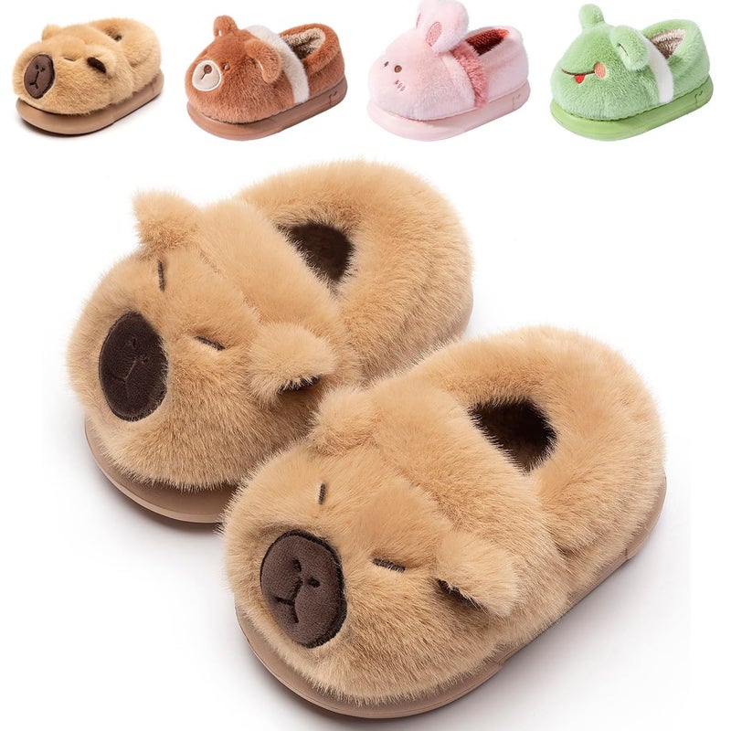 Drecage Toddler Kids Slippers Girls Boys House Shoes Winter Slippers Plush Warm Soft with Cute Cartoon Design Indoor Shoes 316 Khaki Capybara 13-13.5 Little Kid - Image 1