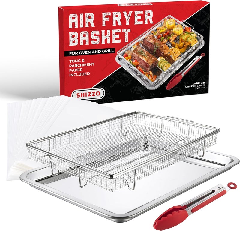SHIZZO Air Fryer Basket for Oven– Large Stainless Steel Air Fryer Tray and Pan Set with 50 Parchment Papers & Food Tongs – Oven Air Fryer Basket for Baking, Grilling, Crisping - Kitchen Gift For Mom - Image 1