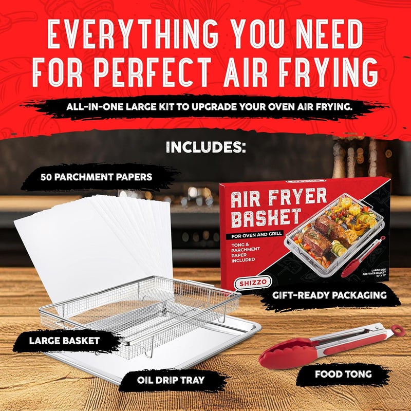 SHIZZO Air Fryer Basket for Oven– Large Stainless Steel Air Fryer Tray and Pan Set with 50 Parchment Papers & Food Tongs – Oven Air Fryer Basket for Baking, Grilling, Crisping - Kitchen Gift For Mom - Image 2