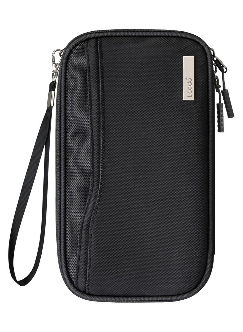 لاكدو حامل جواز سفر عائلي للنساء والرجال، منظم وثائق السفر وبطاقات الائتمان، حقيبة مقاومة للماء مع حزام معصم ورقبة قابل للازالة، مستلزمات السفر المحمولة، اسود - Image 1