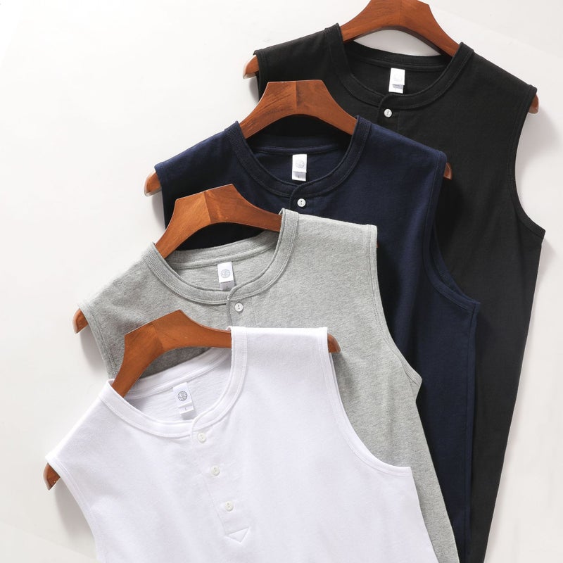 American Retro Henry Collar Vest 250G Heavy Cotton Henry Shirt Loose Solid Color Sleeveless T-Shirt - Image 5