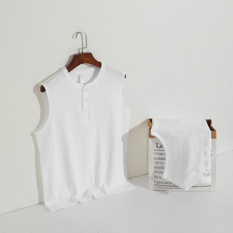 American Retro Henry Collar Vest 250G Heavy Cotton Henry Shirt Loose Solid Color Sleeveless T-Shirt - Image 4