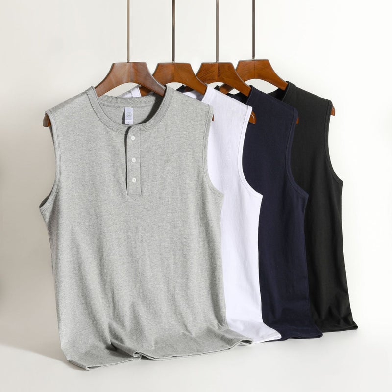 American Retro Henry Collar Vest 250G Heavy Cotton Henry Shirt Loose Solid Color Sleeveless T-Shirt - Image 2
