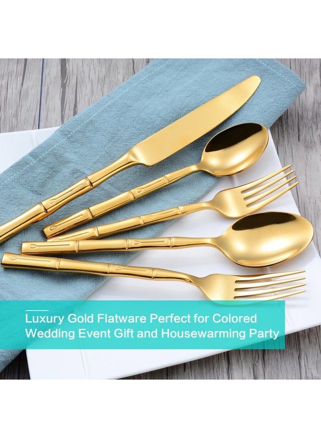 Flatasy Flatware Set Gold Silverware Set Stainless Steel Bamboo Handle Cutlery Set Mirror Polished 40 Pieces for Home Kitchen Restaurant Hotel Wedding Housewarming Gift Service for 8 - Image 3