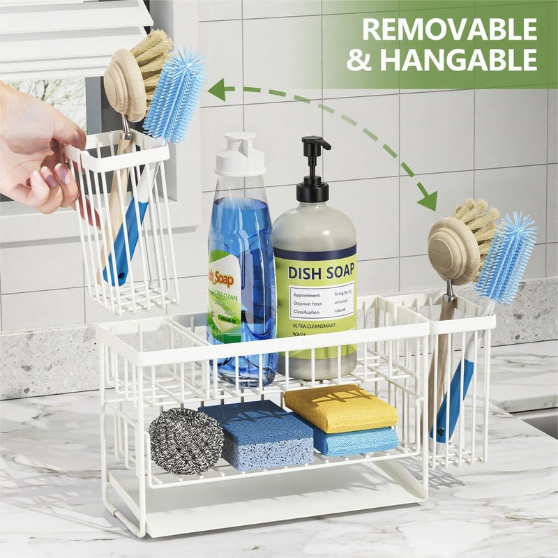 Cisily White 2-Tier Kitchen Sink Caddy Organzier Rack with Flexible Dish Brush Holder, Sponge Holder for Kitchen Sink Countertop Organization Storage,Home Decor Accessories - Image 3