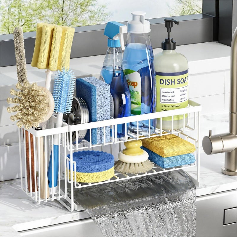 Cisily White 2-Tier Kitchen Sink Caddy Organzier Rack with Flexible Dish Brush Holder, Sponge Holder for Kitchen Sink Countertop Organization Storage,Home Decor Accessories - Image 1