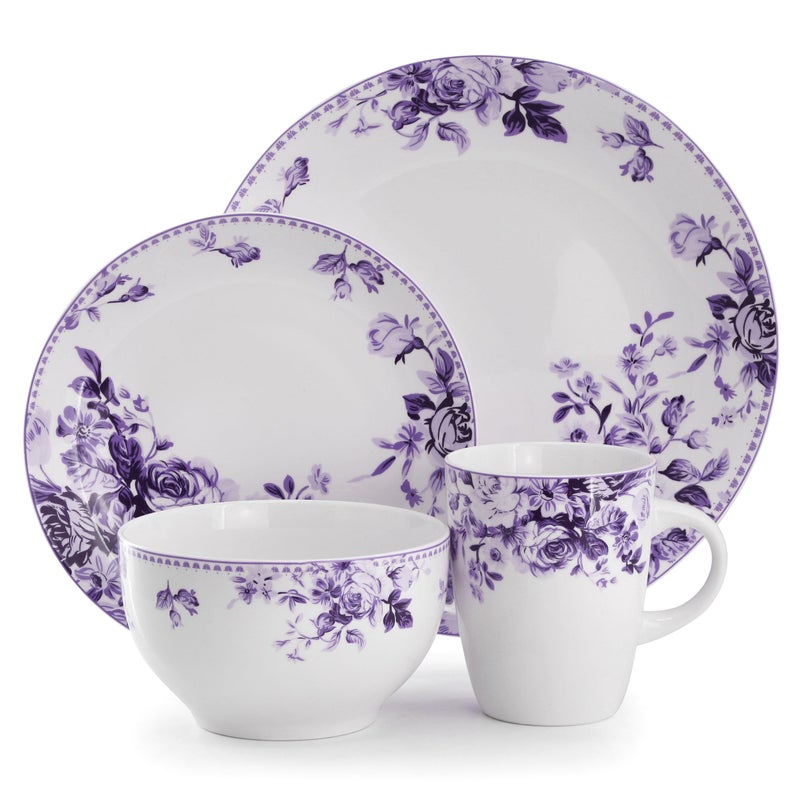 Elama Traditional Rose 16 Piece Porcelain Dinnerwar/Tableware Set, Service for 4 (Purple) - Image 2