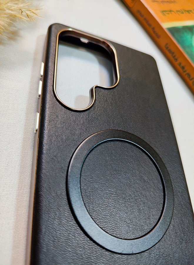 Leather Case CompatibleWith Phone Samsung Galaxy S25 Ultra, Supports MagSafe Wireless Charging, Shock-Resistant Cover, Made Of Premium Leather That Acquires A Natural Patina Over Time, Raised Camera Protector Protects The Lens Assembly, With Inner Lining, For Phone Samsung Galaxy S25 Ultra - Black - Image 4