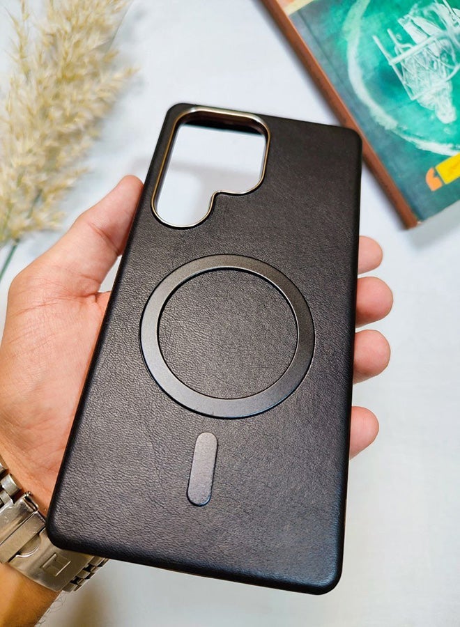 Leather Case CompatibleWith Phone Samsung Galaxy S25 Ultra, Supports MagSafe Wireless Charging, Shock-Resistant Cover, Made Of Premium Leather That Acquires A Natural Patina Over Time, Raised Camera Protector Protects The Lens Assembly, With Inner Lining, For Phone Samsung Galaxy S25 Ultra - Black - Image 3