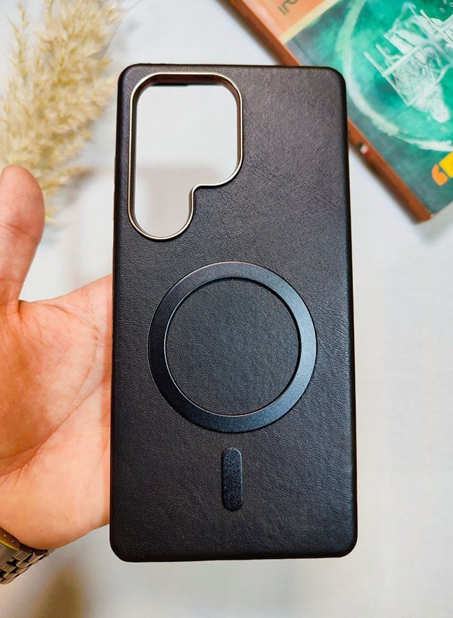 Leather Case CompatibleWith Phone Samsung Galaxy S25 Ultra, Supports MagSafe Wireless Charging, Shock-Resistant Cover, Made Of Premium Leather That Acquires A Natural Patina Over Time, Raised Camera Protector Protects The Lens Assembly, With Inner Lining, For Phone Samsung Galaxy S25 Ultra - Black - Image 1