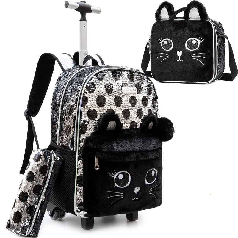 Meetbelify Kids Rolling Backpack for Girls Cute Sequin Cat Backpacks with Wheels for Elementary Students with Lunch Box for Girls - Image 2