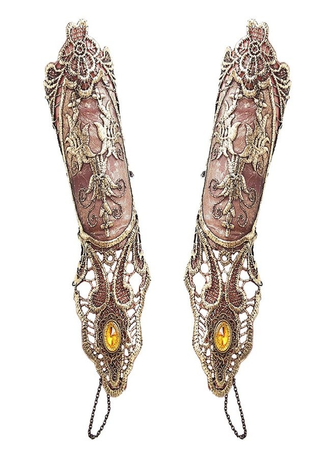 Jurxy Bronzing Fingerless Gloves Women Gothic Floral Lace Steampunk Wristband Ring Vintage Beaded Handmade Up Bridal Bracelet Set - 1 Pair Small Size - Image 1