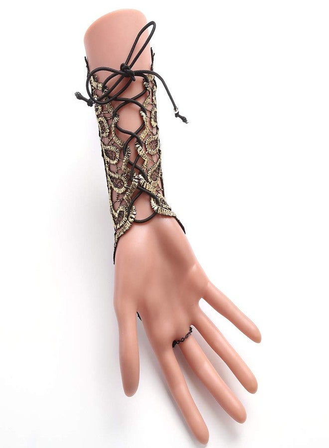 Jurxy Bronzing Fingerless Gloves Women Gothic Floral Lace Steampunk Wristband Ring Vintage Beaded Handmade Up Bridal Bracelet Set - 1 Pair Small Size - Image 5
