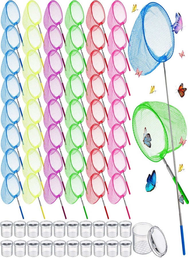 Arrowbash 48 Pcs Kids Butterfly Fishing Nets Bulk Colorful Telescopic Butterfly Fishing Nets with Stainless Steel Pole Handle 34 Inch with 20 Pcs Plastic Insect Bottle Nature Exploration Toys - Image 1