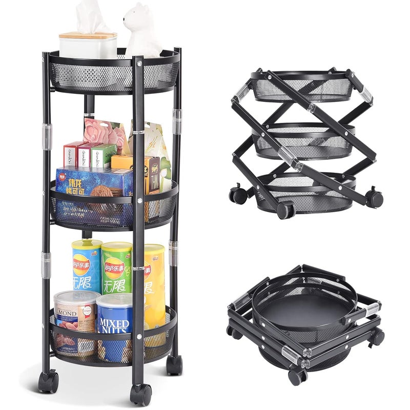 TOOLF 3Tier Metal Storage Rolling Cart Foldable Utility Cart on Wheels AssemblyFree Versatile Serving Organizer Trolley with Lockable Wheels for Kitchen Living Room Bathroom Black