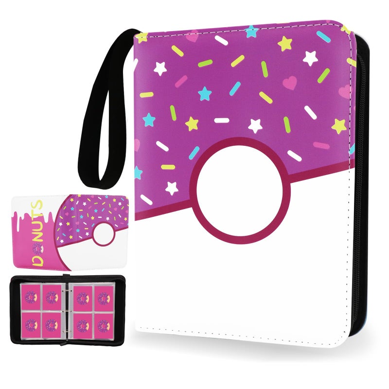 Piefectpie 4 Pocket Card Binder 400 Card Holder Album, Pink Donut Trading Cards Holder Zipper Binder for Girl Teen Collection (Purple Donut, 400 Pocket) - Image 1