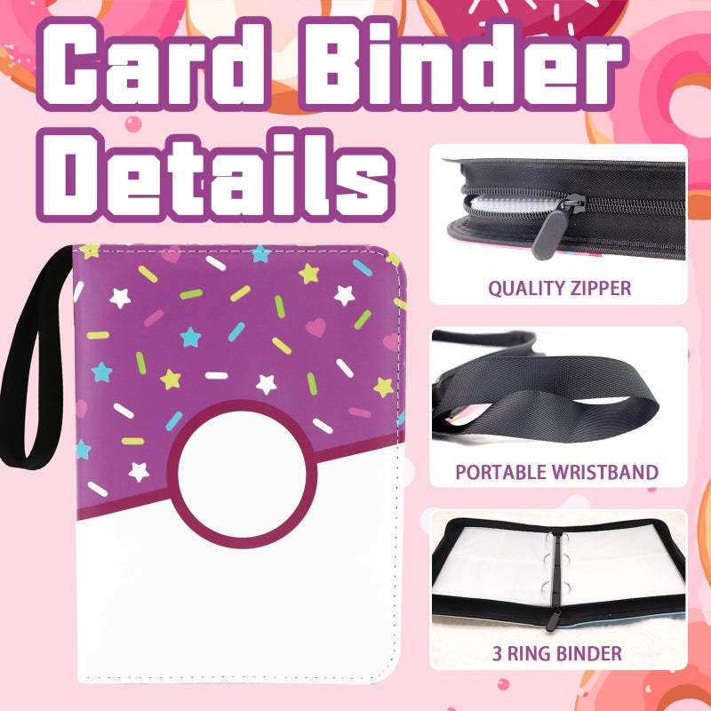 Piefectpie 4 Pocket Card Binder 400 Card Holder Album, Pink Donut Trading Cards Holder Zipper Binder for Girl Teen Collection (Purple Donut, 400 Pocket) - Image 3