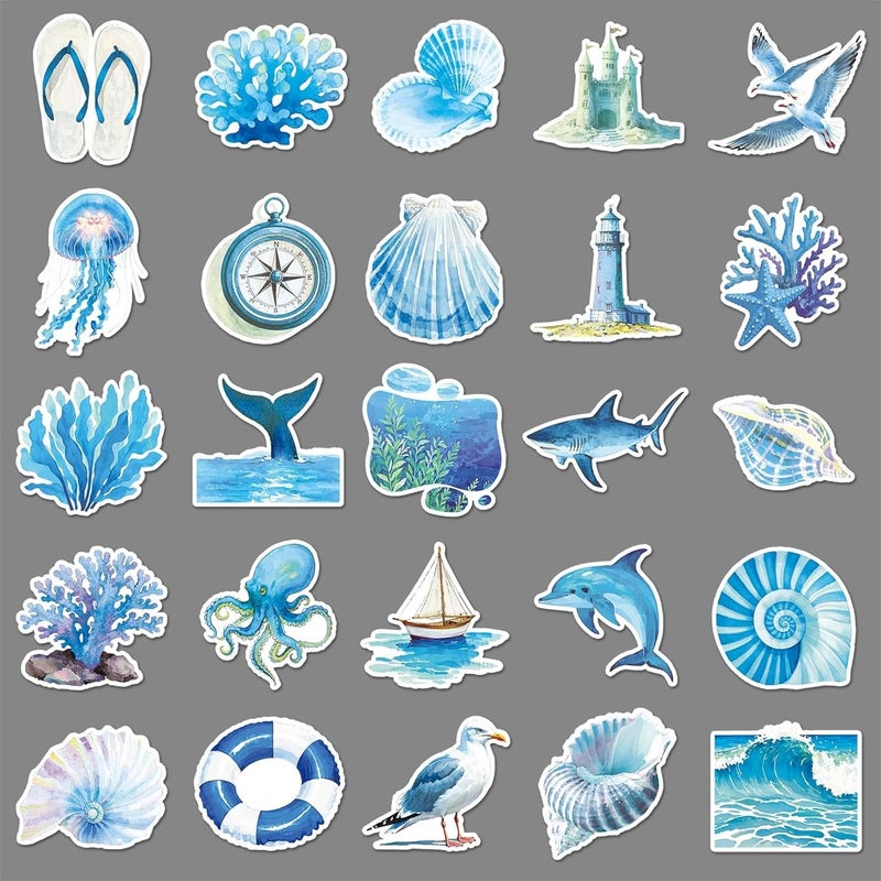 AUCEKO 50 PCS Stickers for Aesthetic Blue Ocean,Beachy Sticker Pack Vinyl Skateboard Guitar Door Laptop Luggage Car Bike Water Bottle Birthday Party Supplies Teens Boys and Girls Decals - Image 4