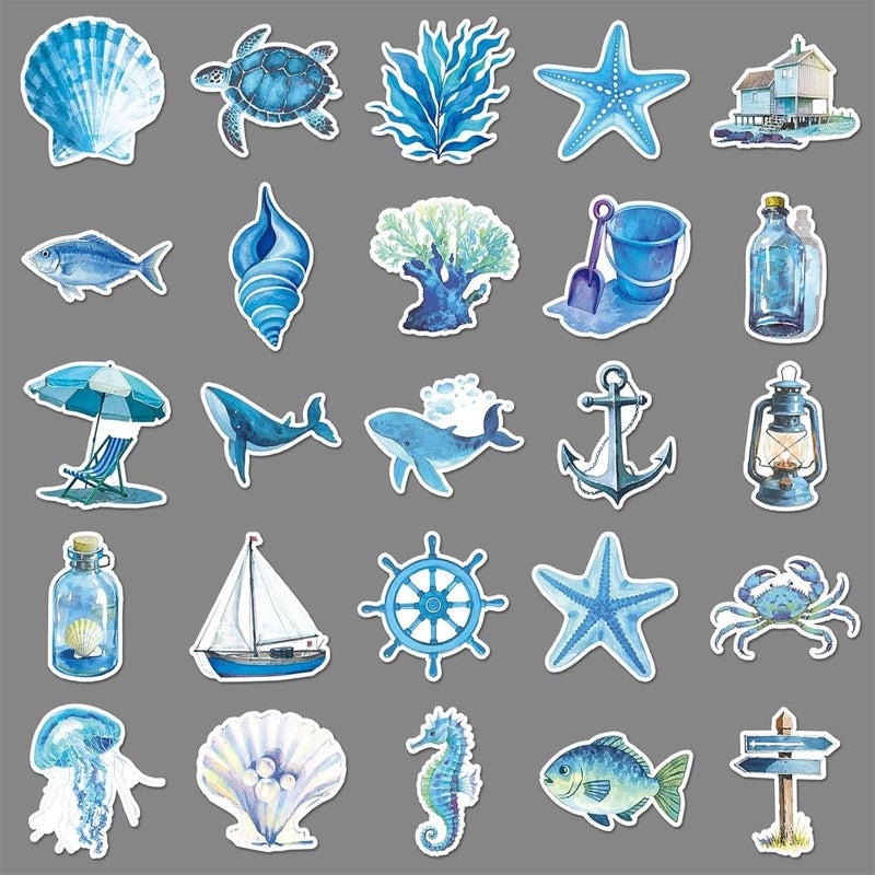 AUCEKO 50 PCS Stickers for Aesthetic Blue Ocean,Beachy Sticker Pack Vinyl Skateboard Guitar Door Laptop Luggage Car Bike Water Bottle Birthday Party Supplies Teens Boys and Girls Decals - Image 3
