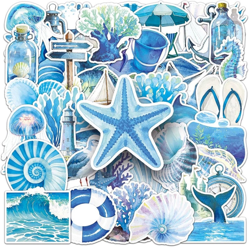 AUCEKO 50 PCS Stickers for Aesthetic Blue Ocean,Beachy Sticker Pack Vinyl Skateboard Guitar Door Laptop Luggage Car Bike Water Bottle Birthday Party Supplies Teens Boys and Girls Decals - Image 1