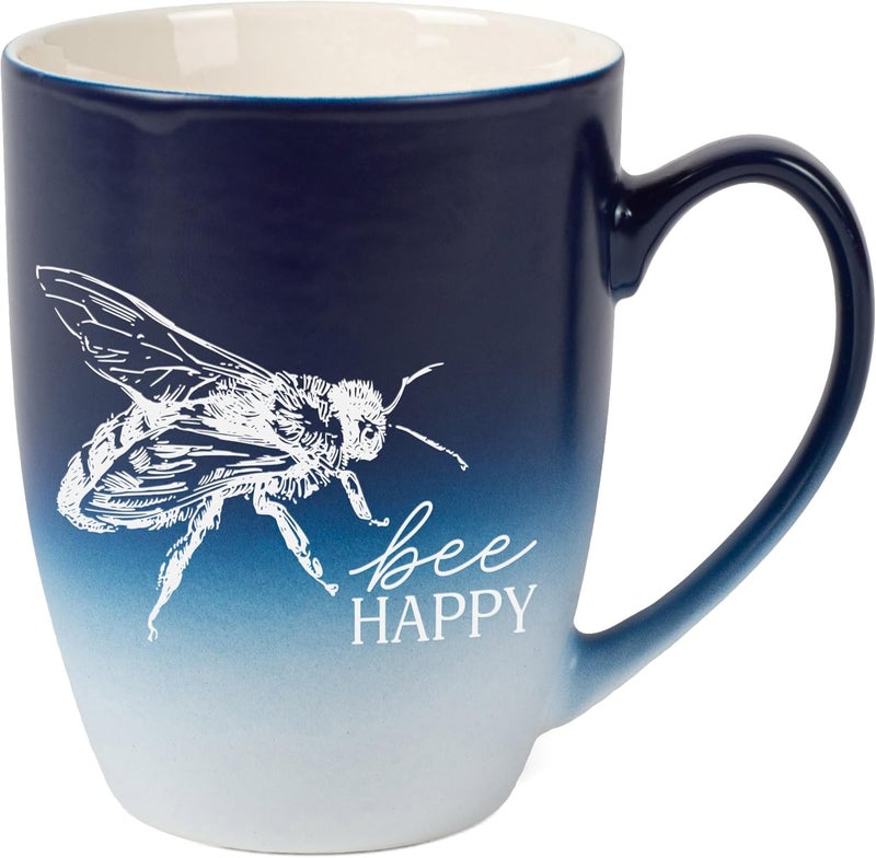 Elanze Designs Bee Happy Honey Bumble Queen Spring Laser Engraved 12 Ounce Glossy Ceramic Classic Coffee Mug Hot Cold Beverage Cup Kitchen Drinkware Navy Blue  White Ombre - Image 1