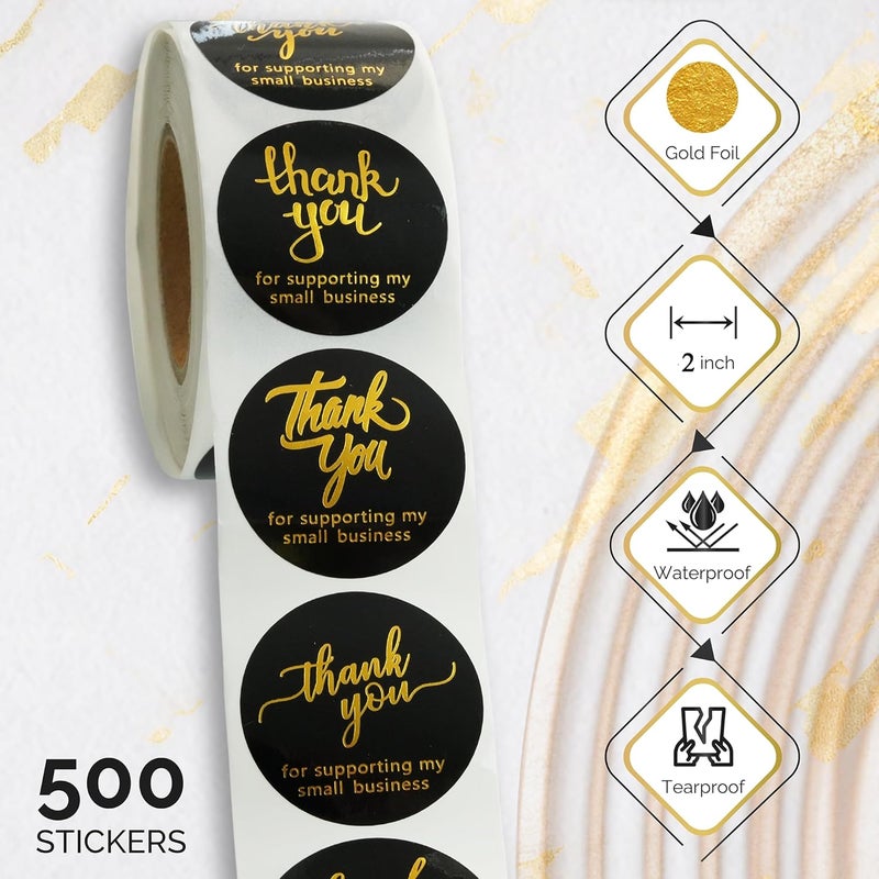 IBAKE 500 Pcs 2 Inch Thank You for Supporting My Small Business Stickers – Black Waterproof Self-Adhesive Labels with 4 Elegant Designs – Durable Envelope Seals for Packaging, Gift Bags, Boxes & Orders - Image 3