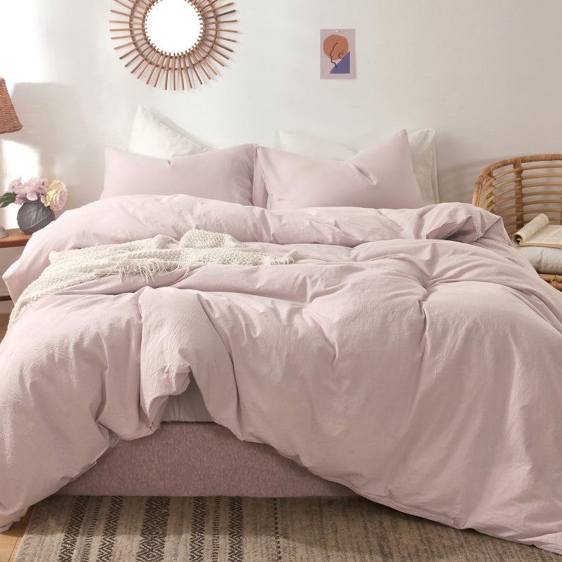 MooMee Bedding Duvet Cover Set 100 Washed Cotton Linen Like Textured Breathable Durable Soft Comfy Heathered Greyish Pink King 104x90
