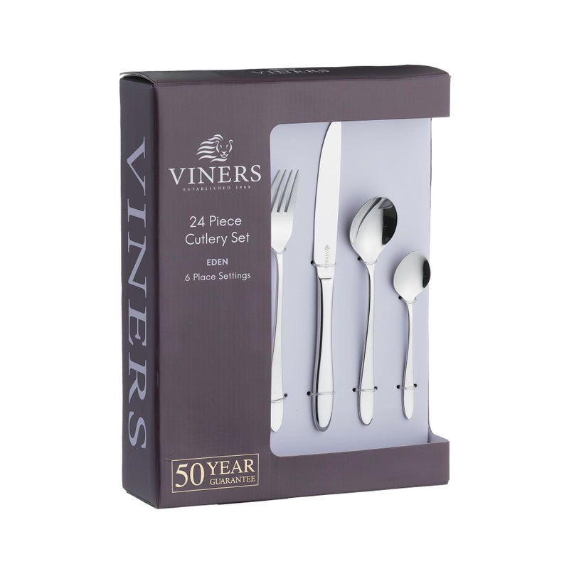 Viners Eden 24 Piece Elegant Mirror Polished Stainless Steel Flatware Gift Box Silver
