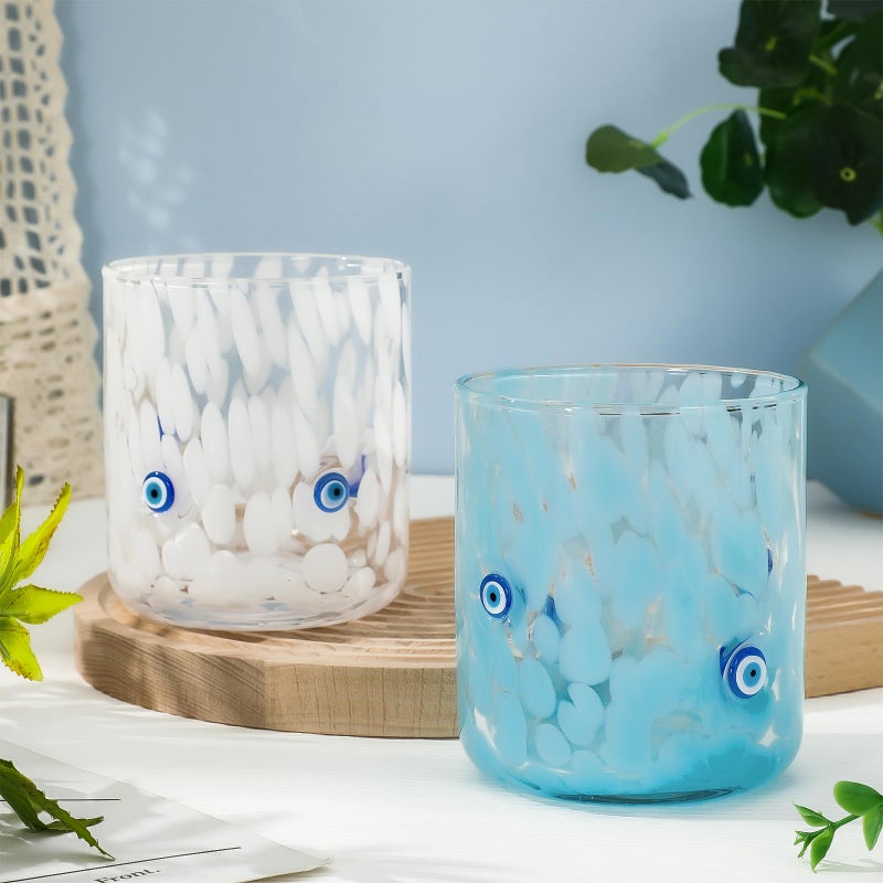 Whaline 2Pcs Evil Eye Icon Juice Glass 14 Oz Wine Glass Blue White Stemless Cocktail Drinking Cups for Home Party Favors Supplies - Image 4