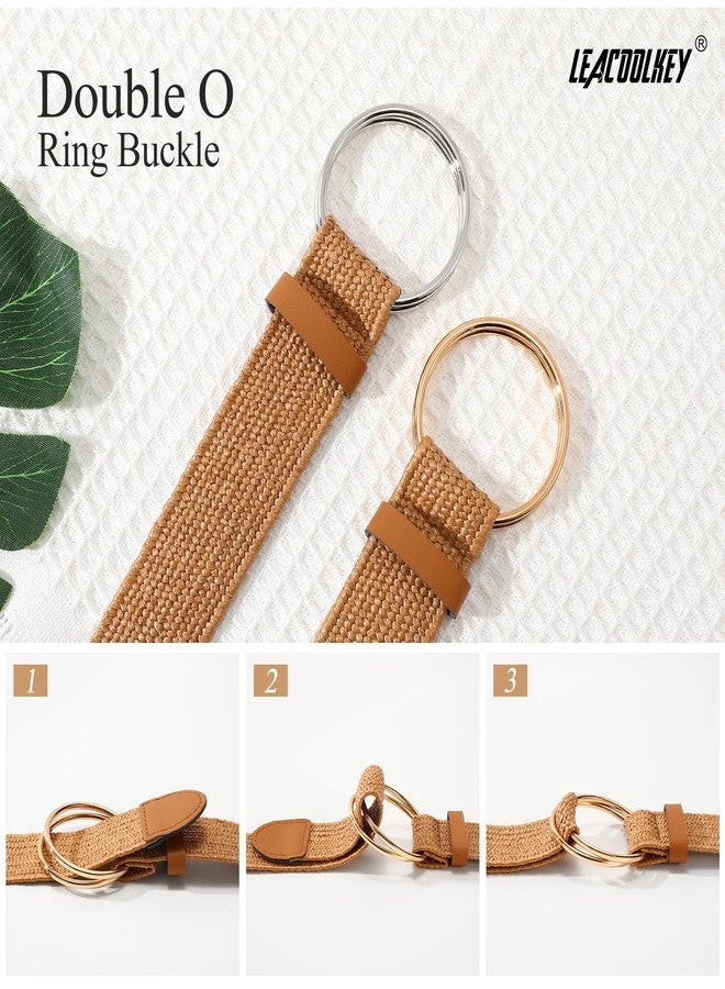 LEACOOLKEY Women Boho Straw Woven Stretch Belt for Dress Ladies Braided Straw Belt with Double O Buckle - Image 3