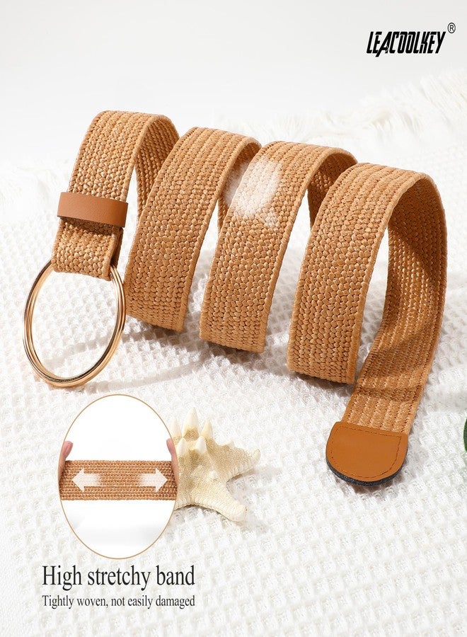 LEACOOLKEY Women Boho Straw Woven Stretch Belt for Dress Ladies Braided Straw Belt with Double O Buckle - Image 4