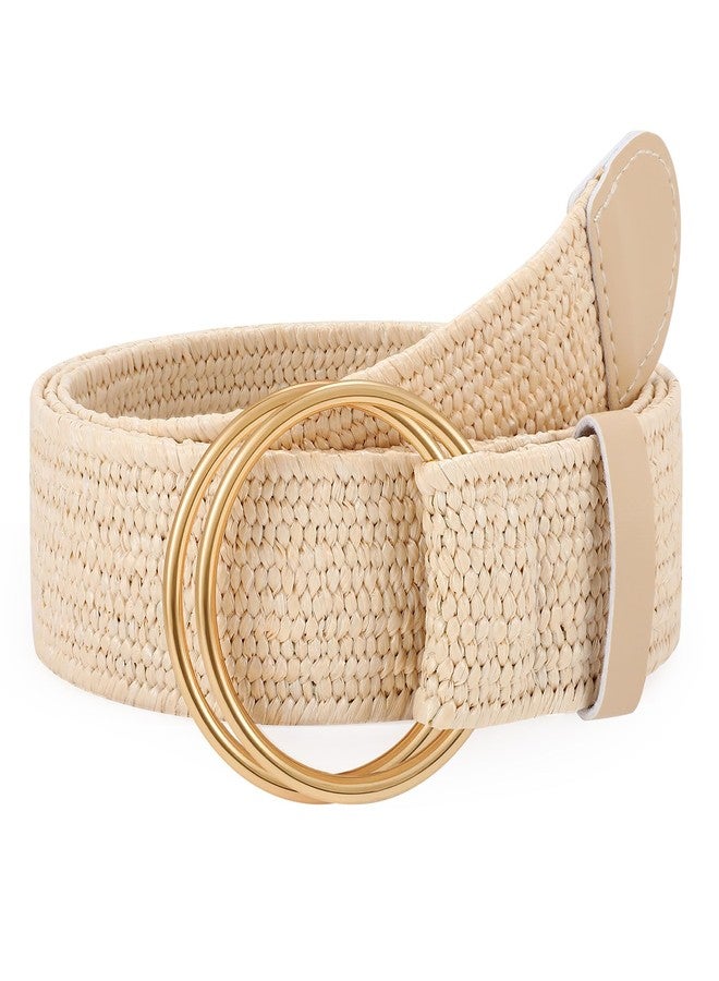 LEACOOLKEY Women Boho Straw Woven Stretch Belt for Dress Ladies Braided Straw Belt with Double O Buckle - Image 1