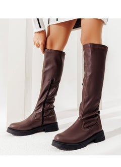LIFESTYLISH Knee-High Boots Leather With Zipper LB-31 - Brown 