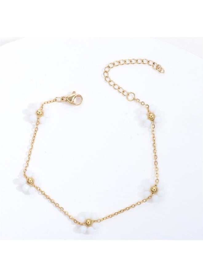 Cross Border Color Crystal Flower Pearl Flower Stainless Steel Dopamine Advanced Sense Style Titanium Steel Bracelet Ankle Chain For Women 