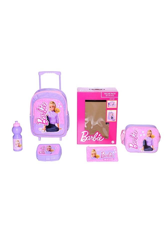 Barbie باربي 5 في 1 باقة قيمة (حقيبة ترولي 14 بوصة مع صندوق غداء، حقيبة غداء، زجاجة ماء وعلبة أقلام) - Image 1