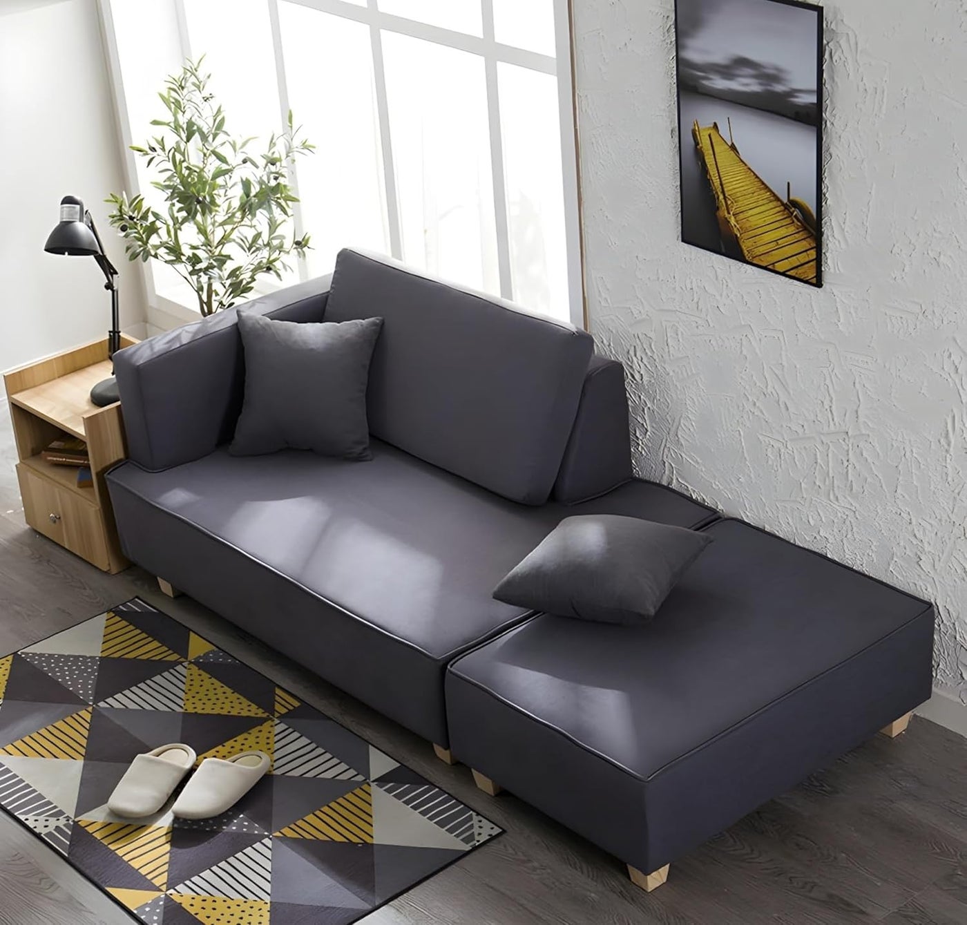 Scandinavian Wool Seats 2 Sofa With Ottoman, Non-Skirted, Foam Seat Fill, Living room luxury couch, 180 x 80 x 58 cm, Space-Saving (Grey)