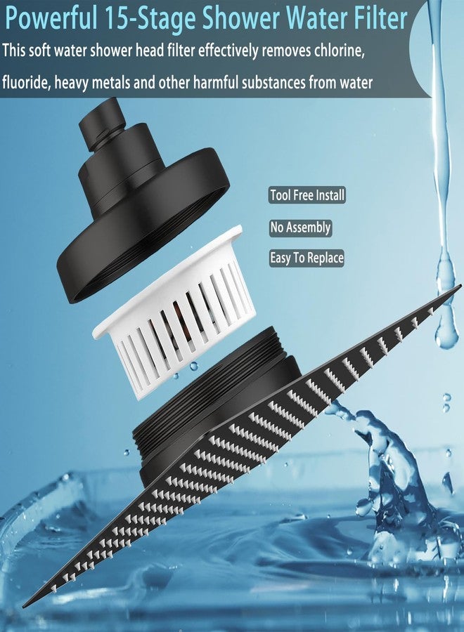 Katezon Filtered Shower Head, Stainless Steel High Pressure Shower Head with 15 Stage Hard Water Filter Cartridge for Remove Chlorine and Harmful Substances(Matte Black,8") - Image 2
