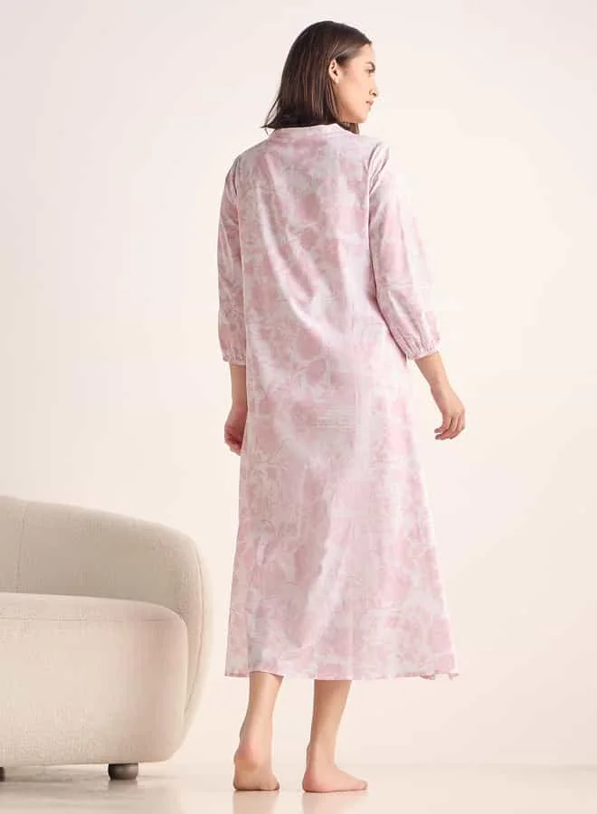 Splash FAV Floral Print Dress with Mandarin Collar and 3/4 Sleeves