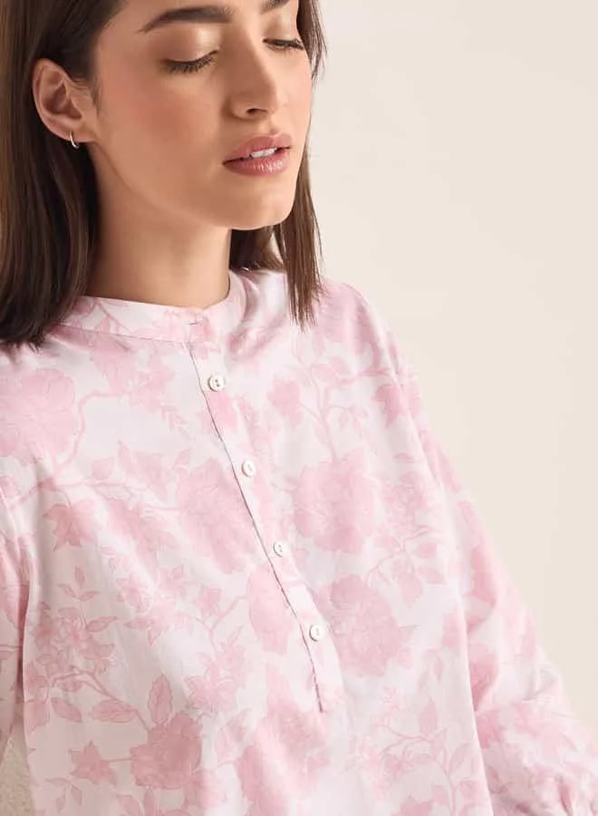 Splash FAV Floral Print Dress with Mandarin Collar and 3/4 Sleeves