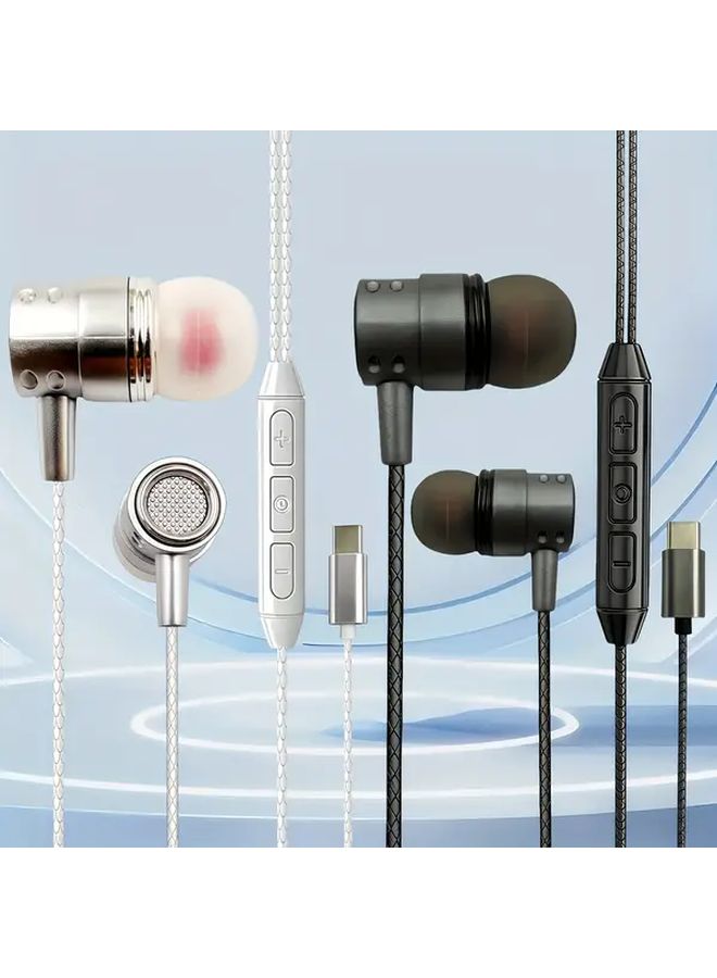 Black Wired In Ear Headphones with Microphone Type C Heavy Bass for Android Smartphones - Image 1