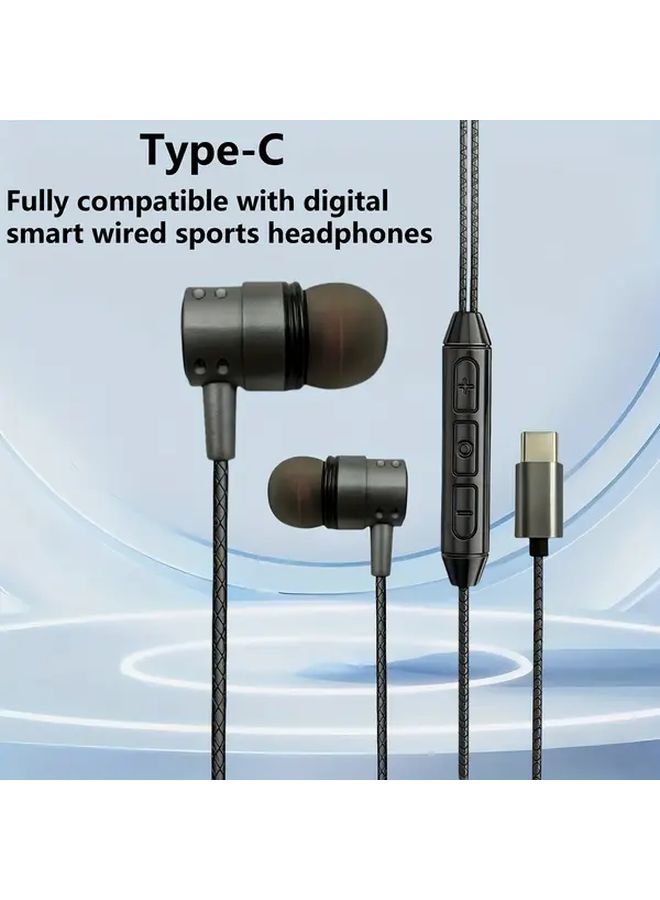 Black Wired In Ear Headphones with Microphone Type C Heavy Bass for Android Smartphones - Image 3
