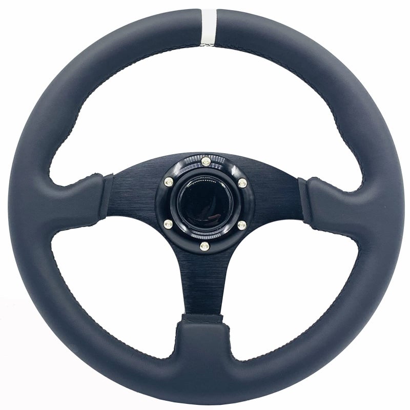 13inch330mm White Stripe Racing Steering Wheel Genuine Leather and Aluminum Frame 6 Bolt Flat Bottom Steering Wheel for RacingCar Sim Driving