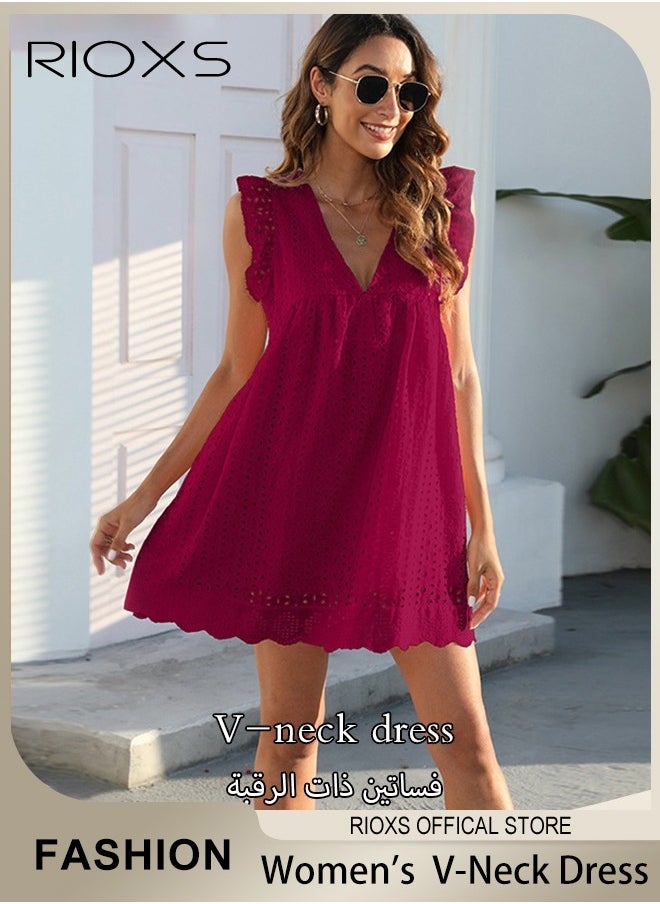 RIOXS Women Mini Dress, V-Neck Sleeveless Dress with Back Zipper, Lace Up Smocking Ruffle Short Slip Dress, Elegant Summer Dress, Suitable for Beach Vacation, Party, Swimpool and Daily Life  - Image 1