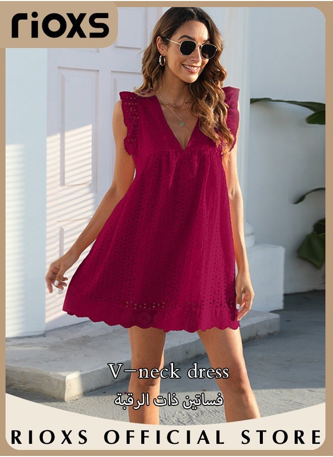 RIOXS Women Mini Dress, V-Neck Sleeveless Dress with Back Zipper, Lace Up Smocking Ruffle Short Slip Dress, Elegant Summer Dress, Suitable for Beach Vacation, Party, Swimpool and Daily Life  - Image 4