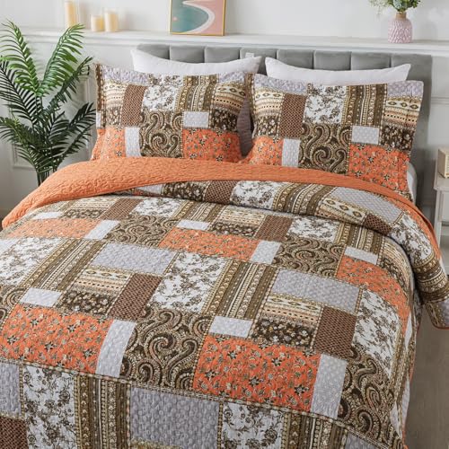 BEDIFANY Farmhouse Cotton Quilts Queen Size for Fall - Lightweight Patchwork Autumn Bedspread Set for Bed Coverlet - Highly-Woven Soft Reversible Bed Spread for All Seasons (Floral Orange) 3 Pieces - Image 2